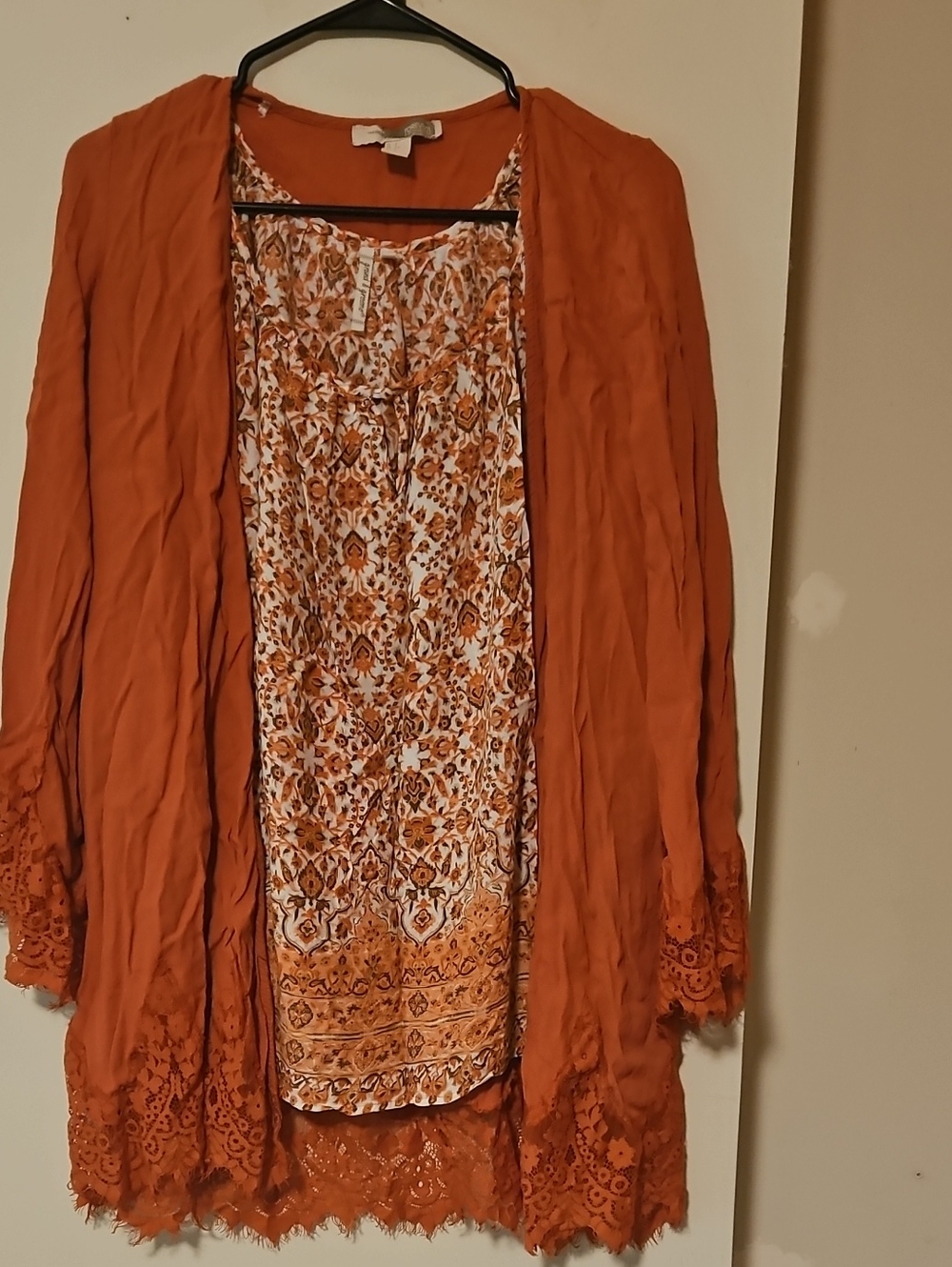 Forever 21 Rust Orange Lace-Trim Cardigan with Printed Tank